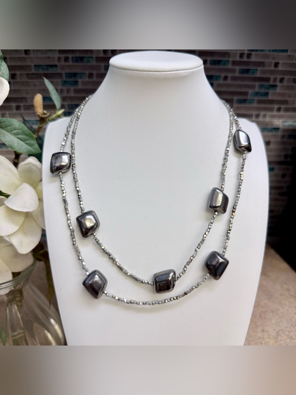 Chicos Dark Silver Tone Double Strand Necklace